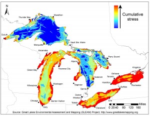 The red around the Wasaga Beach and Collingwood area of Georgian Bay shows how extremely stressed our area is compared to the rest of the Lake Huron and other Great Lakes areas.