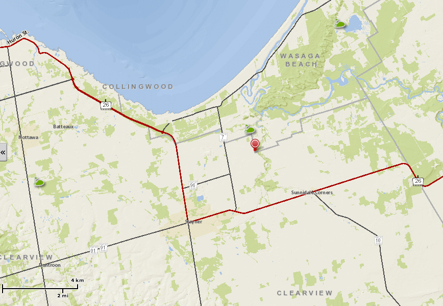 Here's a map showing how wonderfully central Blake Court is to Wasaga Beach, Collingwood and Stayner.